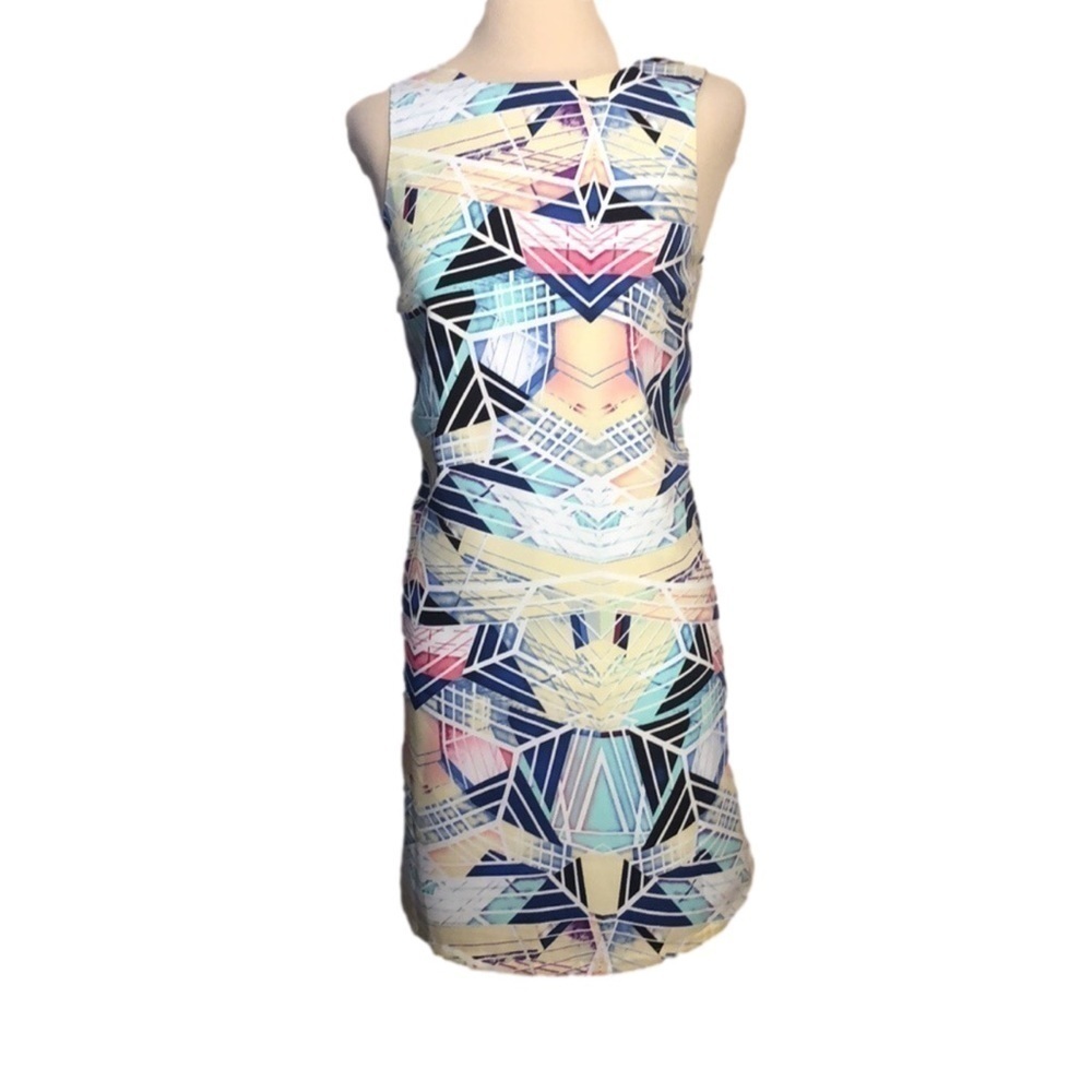 SUGAR + Lips Size S Blue Geometric Print V-back Sheath Dress New with Tags